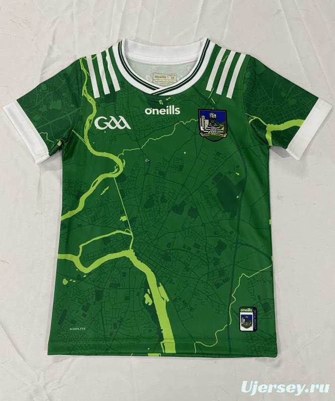 25/26 Kids Limerick GAA Green with River Map Pattern Home Jersey