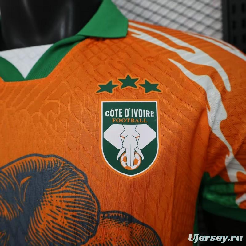Player Version 2025 Ivory Coast Orange with Elephant Graphic and Green Accents Jersey