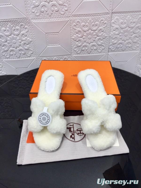 H Teddy Wool H Slippers Flat Sole Fur Slides - LY00240