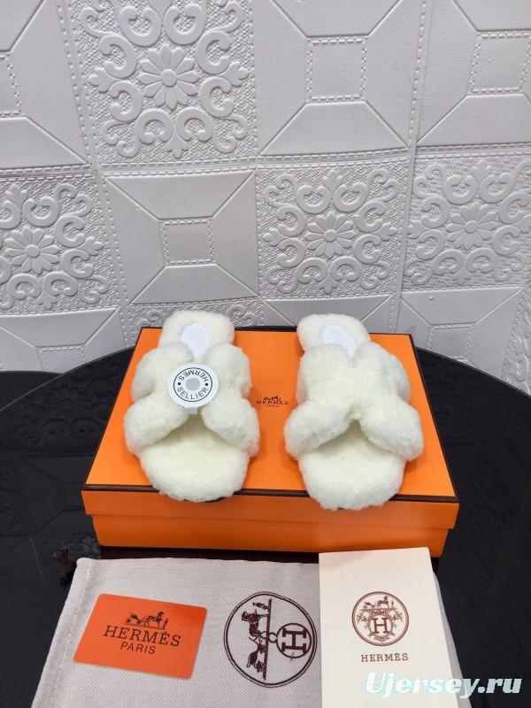 H Teddy Wool H Slippers Flat Sole Fur Slides - LY00240