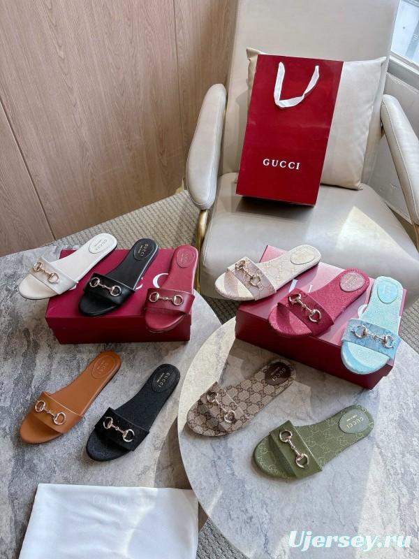 Gucci 2025/SS Leather Slide Sandals with Light Gold Hardware - LY00280