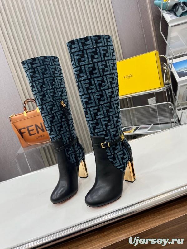 FENDI Delfina Round Toe Boots with FF Buckle and Heel Detail - LY00
