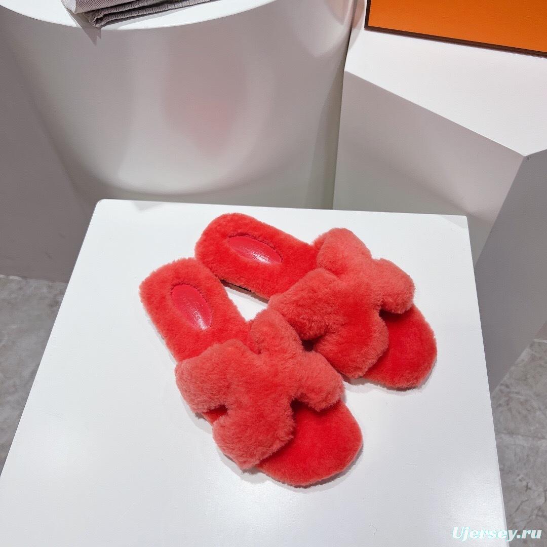 Hermès Teddy Wool H Slippers Flat Sole Fur Slides - LY00240