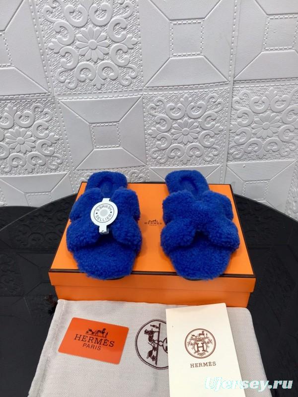 H Hermes Teddy Wool H Slippers Flat Sole Fur Slides - LY00240