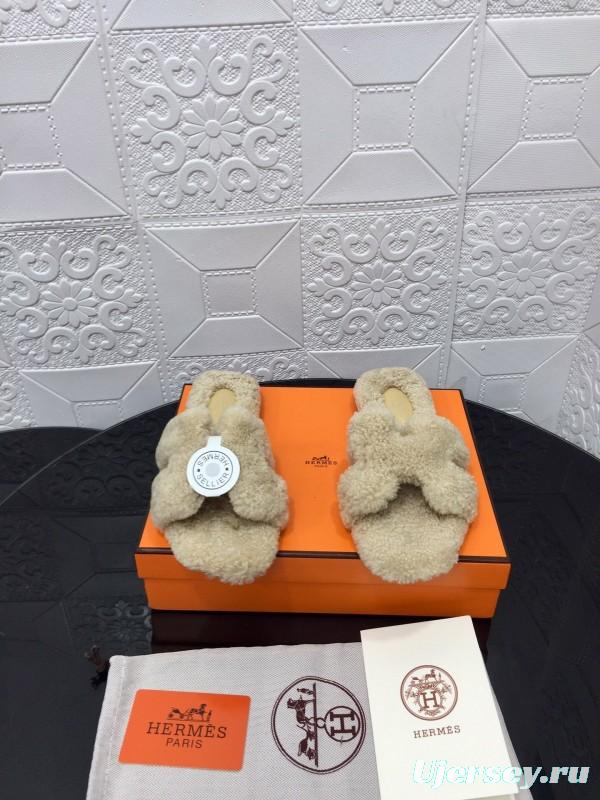 H Teddy Wool H Slippers Flat Sole Winter Home Shoes - LY00240