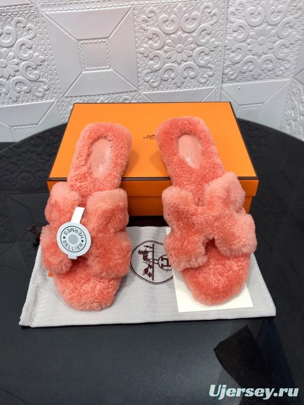 H Teddy Wool H Slippers Flat Sole Winter Home Shoes - LY00240