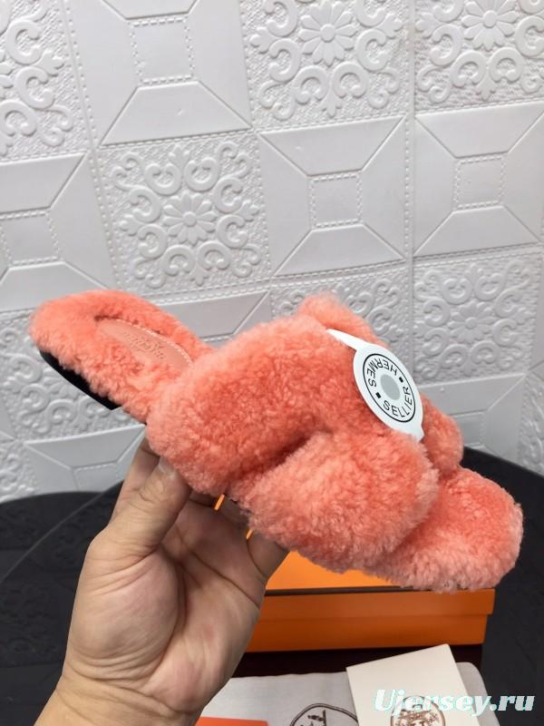 H Teddy Wool H Slippers Flat Sole Winter Home Shoes - LY00240