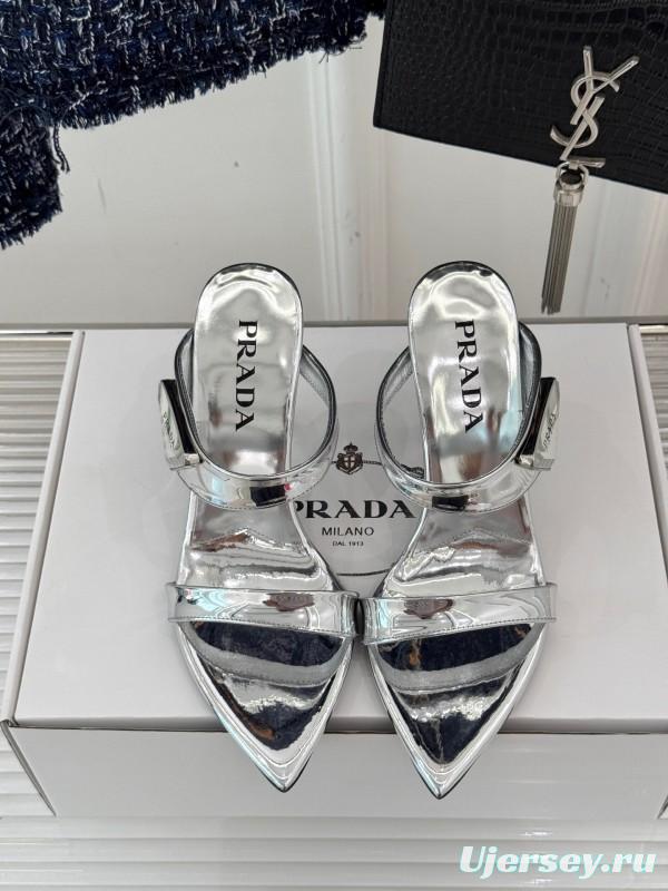 Prada Pointed Toe High Heel Sandals with Triangle Buckle - KFY00280