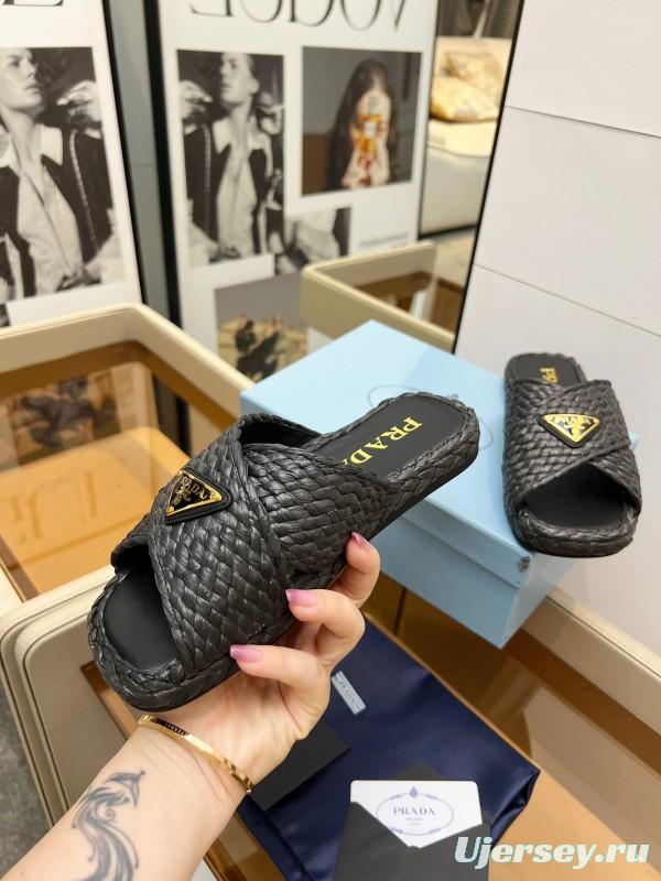 Prada 2025 SS Raffia Handwoven Cross Strap Sandals - KFY00260