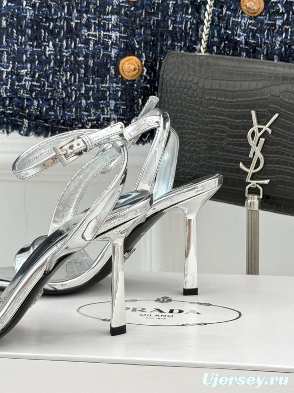 Prada 2025 SS Pointed Toe High Heel Sandals with Triangle Buckle - KFY00280