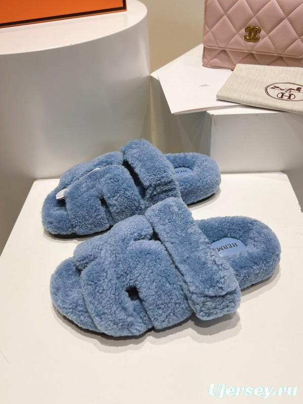 H Love Erjiu Full Wool Slippers with Slightly Curled Wool Design - LY00270