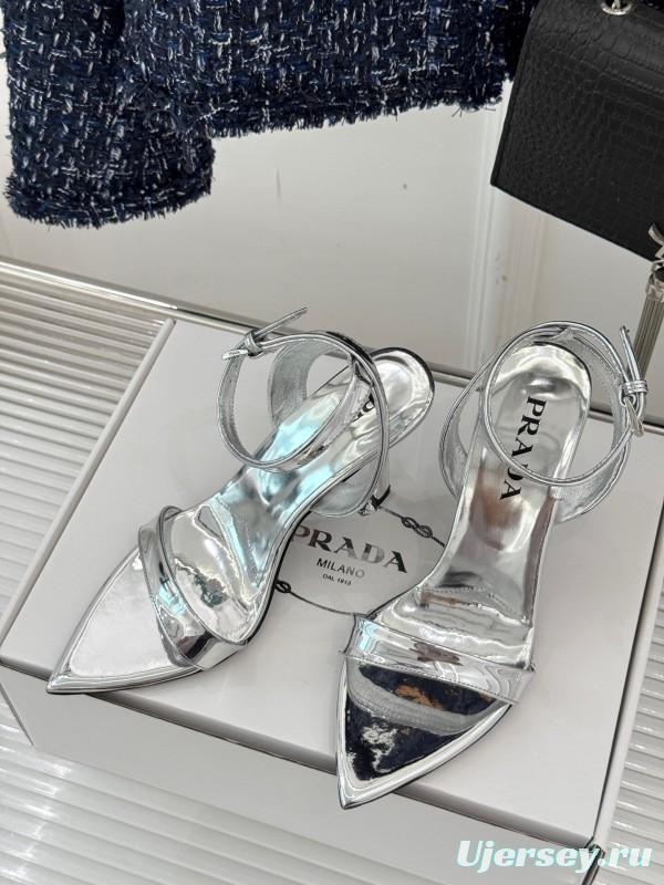Prada 2025 SS Pointed Toe High Heel Sandals with Triangle Buckle - KFY00280