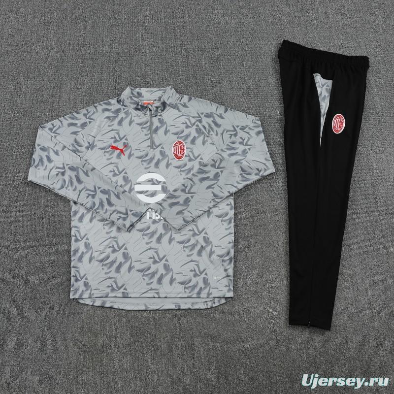 Player Version 25/26 AC Milan Grey with Camouflage Pattern Half Zipper Jacket Tracksuit +Long Pants