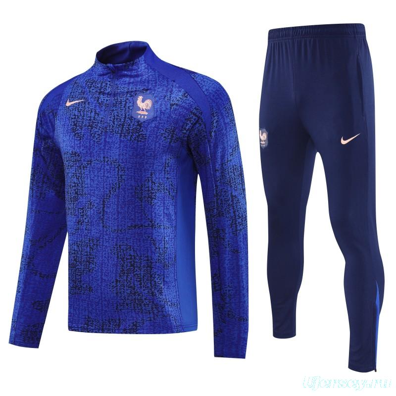2025 France Royal Blue with Textured Pattern Half Zipper Jacket Tracksuit +Long Pants