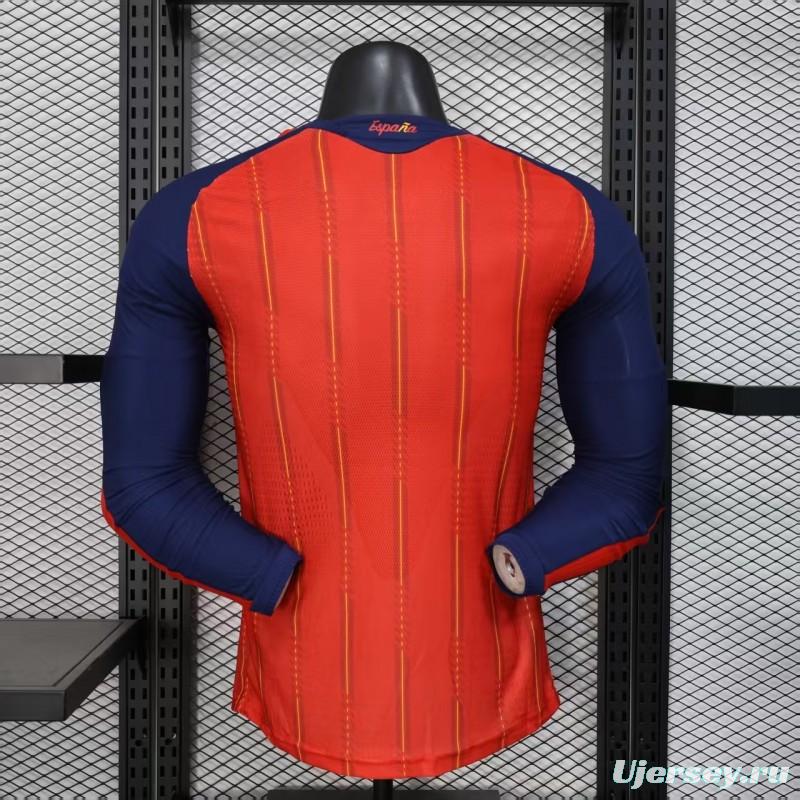 Player Version 2026 Spain Home Long Sleeve Red with Vertical Stripe Pattern Jersey