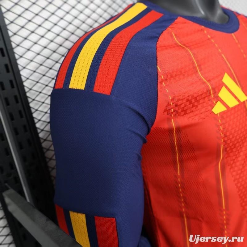 Player Version 2026 Spain Home Long Sleeve Red with Vertical Stripe Pattern Jersey