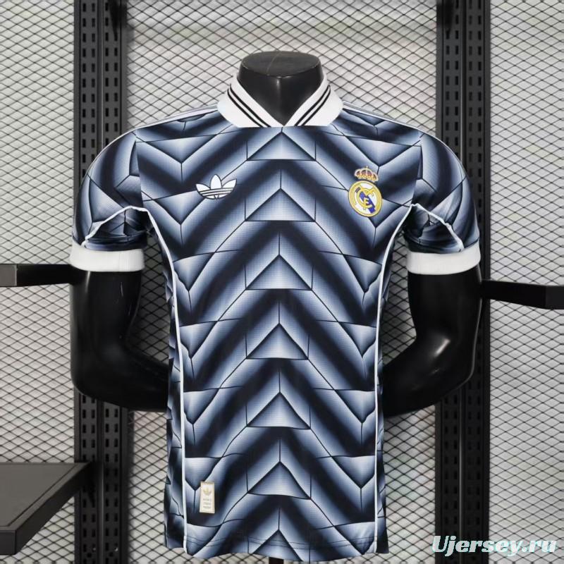 Player Version  1988/89 Real Madrid Third Navy Blue with 3D Geometric Chevron Pattern Jersey