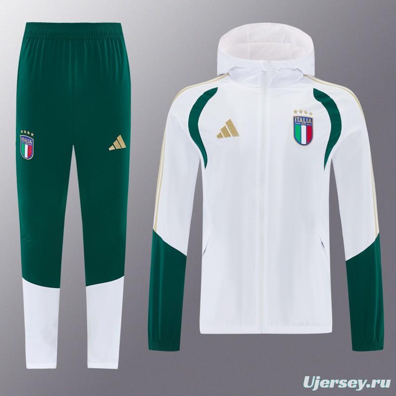 2026 Italy White Hoodie Full Zipper Windbreaker + Long Pants