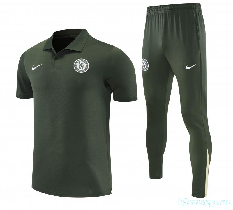 26/27 Chelsea  Dark Green Polo Training Shirt + Long Pants Tracksuit