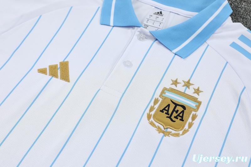 26/27 Argentina White Stripes Polo Training Shirt + Navy Blue Long Pants Tracksuit