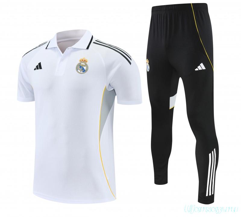 26/27 Real Madrid White Polo Training Shirt + Black Long Pants Tracksuit