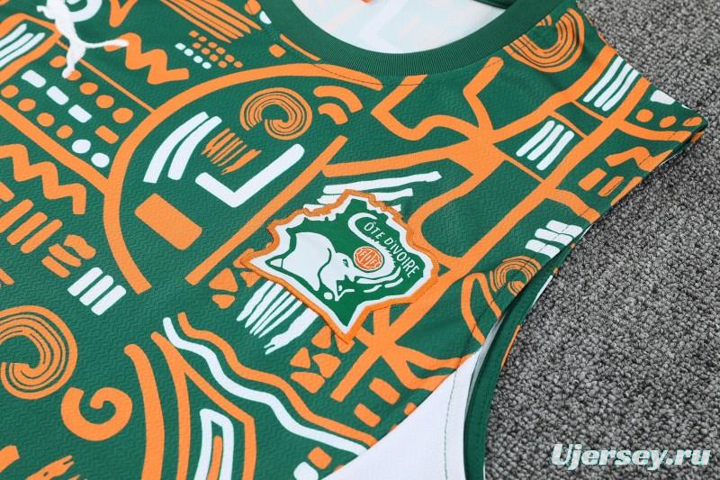 25/26 Côte d'Ivoire Green Tribal Print Sleeveless Training Vest +Shorts Set