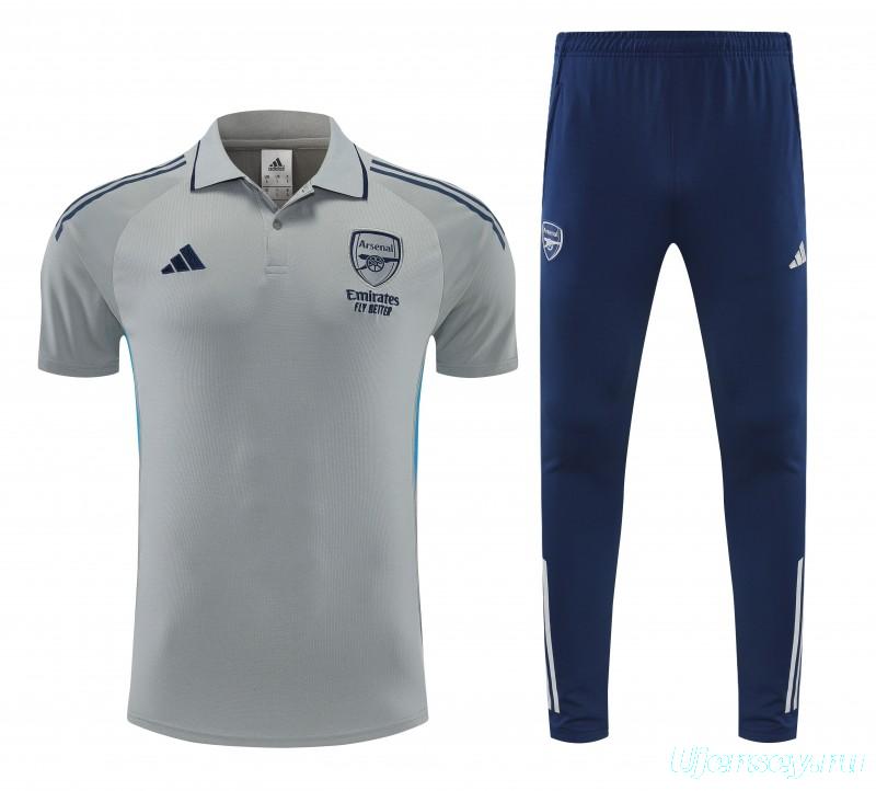 26/27   Arsenal Grey Polo Training Shirt + Long Pants Tracksuit