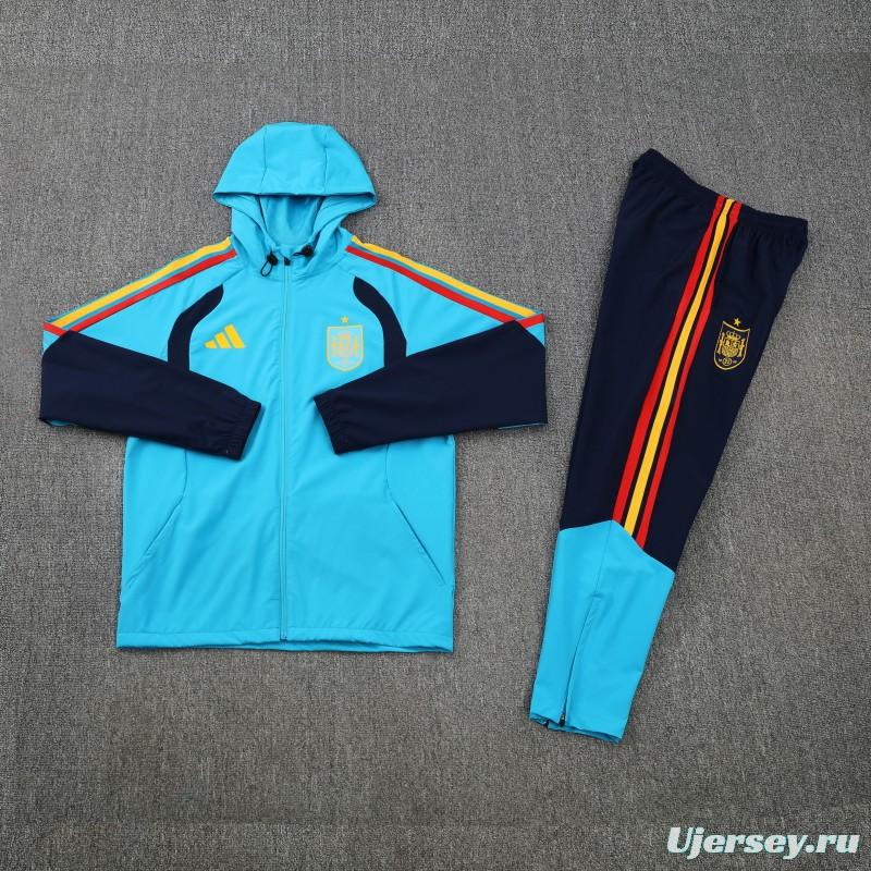 26/27  Spain Light Blue & Navy Blue Full Zipper Hooded Jacket Tracksuit + Long Pants