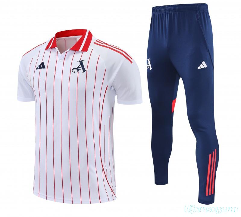 26/27 Arsenal  White&Red Stripes  Polo Training Shirt + Long Pants Tracksuit