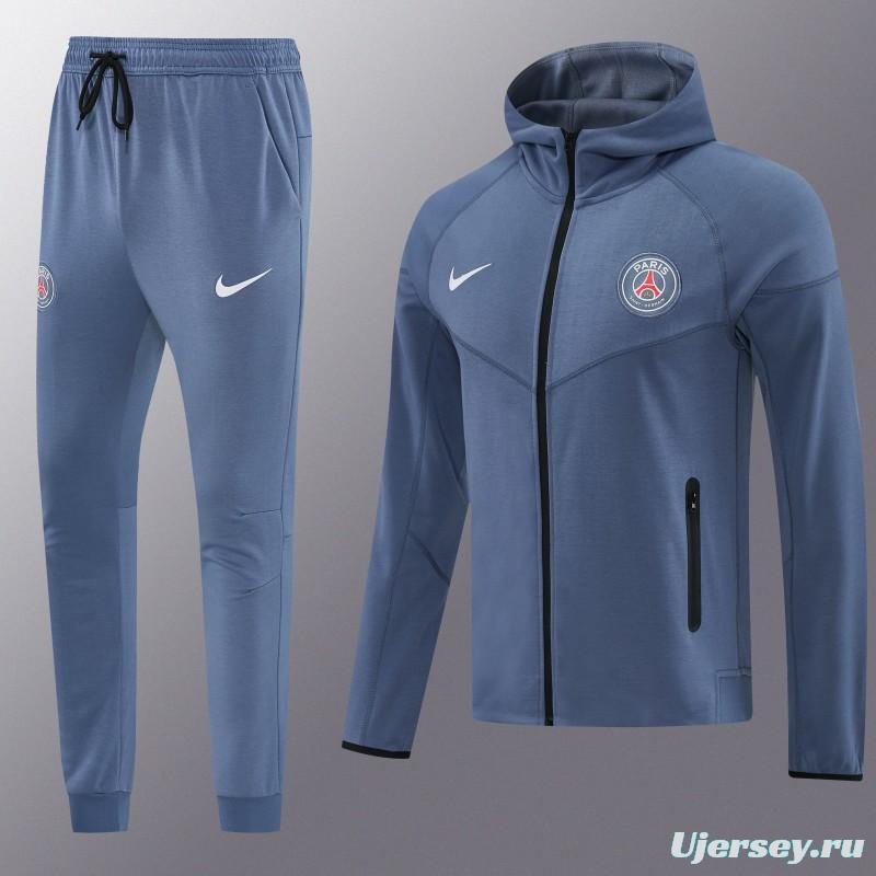 26/27  Paris Saint-Germain Steel Blue Full Zipper Hooded Jacket Tracksuit + Long Pants