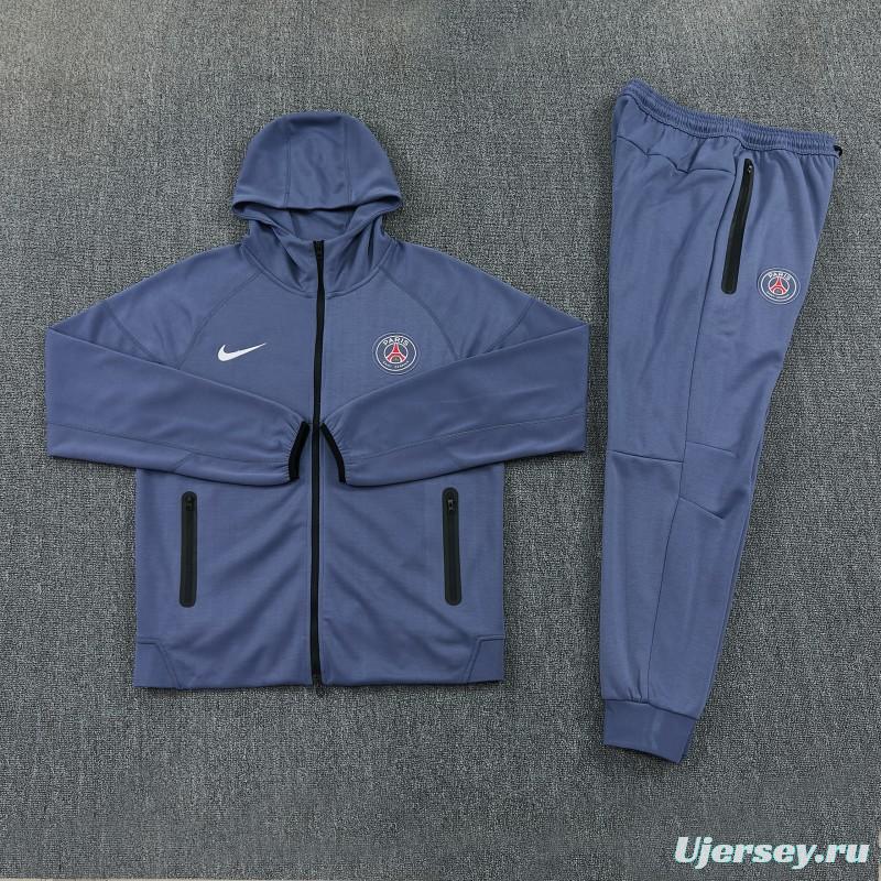 26/27  Paris Saint-Germain Steel Blue Full Zipper Hooded Jacket Tracksuit + Long Pants