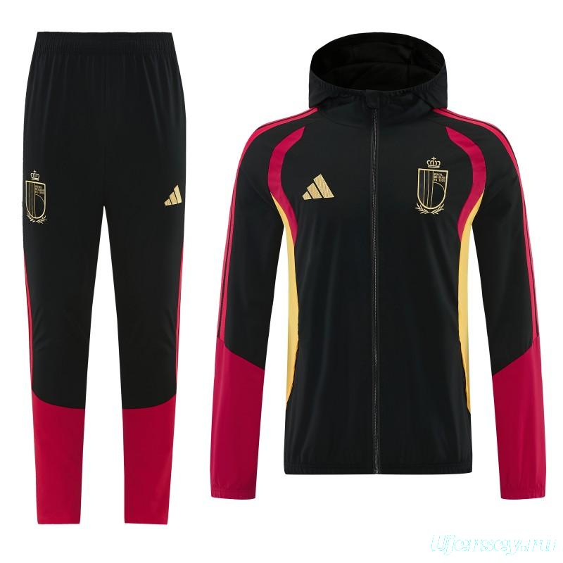 26/27 Belgium  Black Full Zipper Hooded Jacket Tracksuit + Long Pants