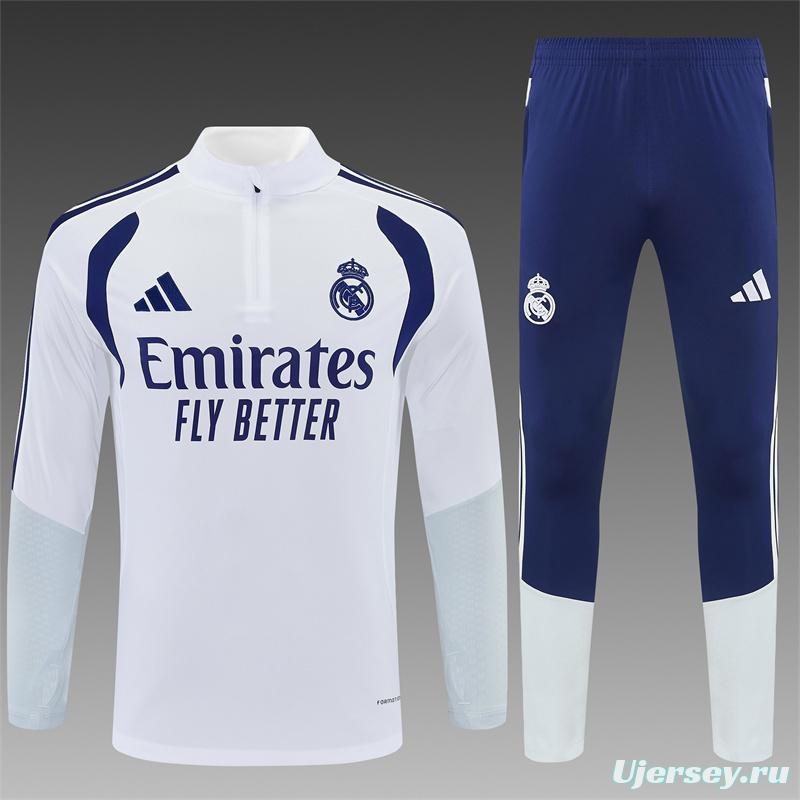 26/27 Kids Real Madrid Home White Half Zipper Jacket Tracksuit + Long Pants