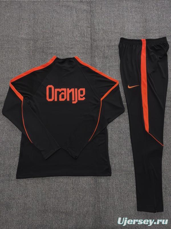2026 Kids Netherlands Black & Orange  Half Zipper Jacket Tracksuit + Long Pants