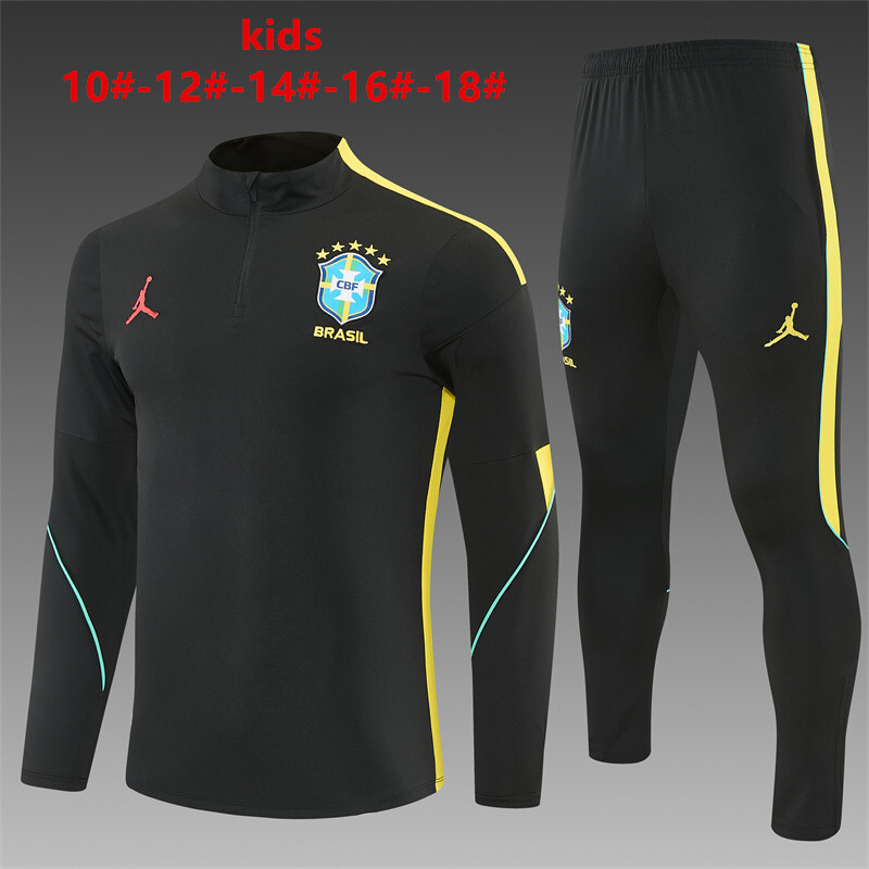 2026 Kids Brazil Black & Yellow Half Zipper Jacket Tracksuit + Long Pants