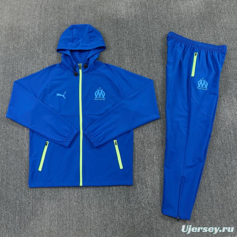 26/27 Marseille  Blue  Full Zipper  Hooded Jacket Tracksuit +  Long Pants
