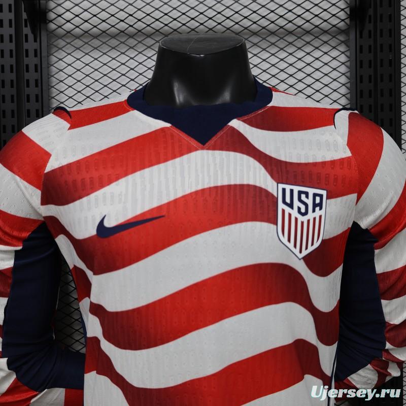 Player Version 2026 USA White & Red with Wave Stripe Long Sleeve Home Jersey