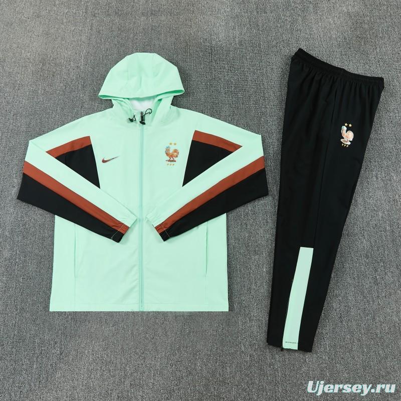 26/27 France Light Green Full Zipper Hooded Jacket Tracksuit + Long Pants