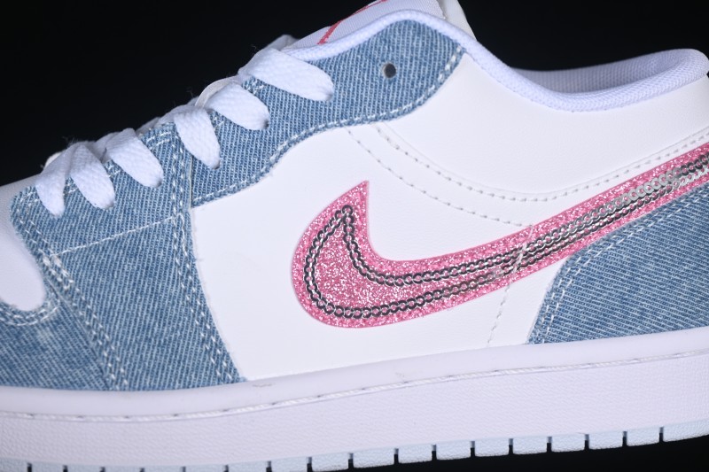 Nike Air Jordan 1 Low Basketball Lifestyle Shoes with Pastel Denim and Pink Rhinestone Swoosh - HQ2001-400