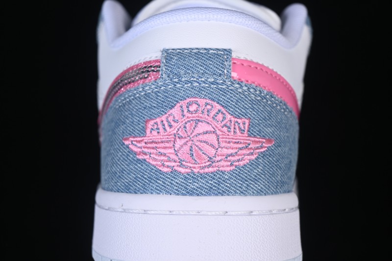 Nike Air Jordan 1 Low Basketball Lifestyle Shoes with Pastel Denim and Pink Rhinestone Swoosh - HQ2001-400