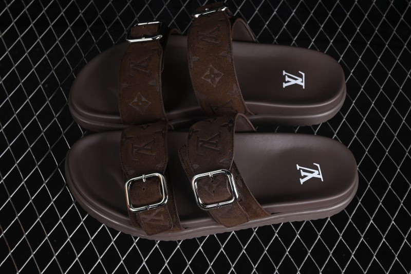 Louis Vuitton Venice Comfort Calfskin Suede Round-Toe Slide Sandals