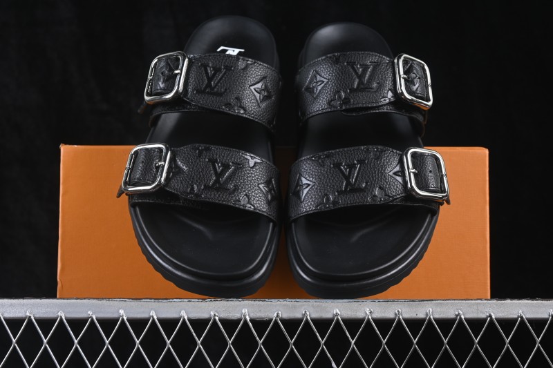 Louis Vuitton Venice Comfort Calfskin Suede Round-Toe Slide Sandals