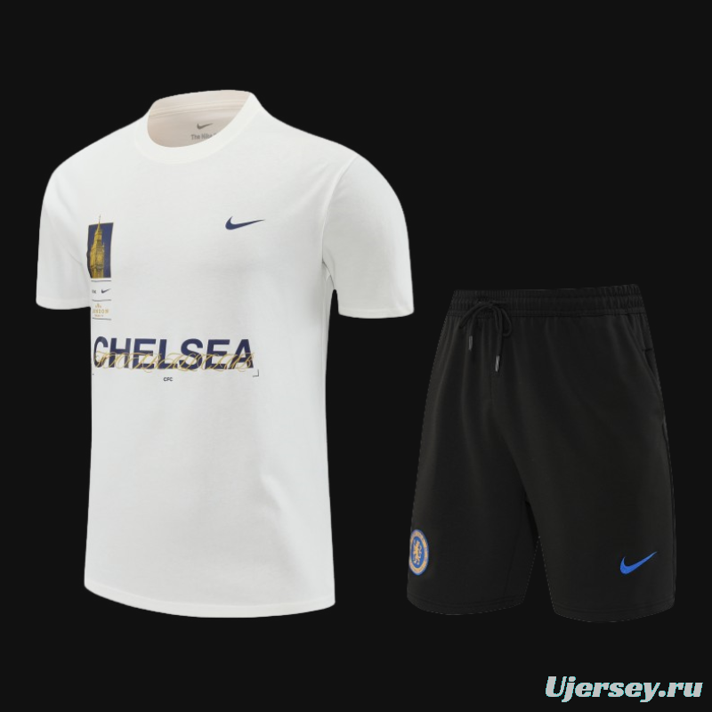 23/24 Chelsea White Cotton Short Sleeve Jersey+Shorts