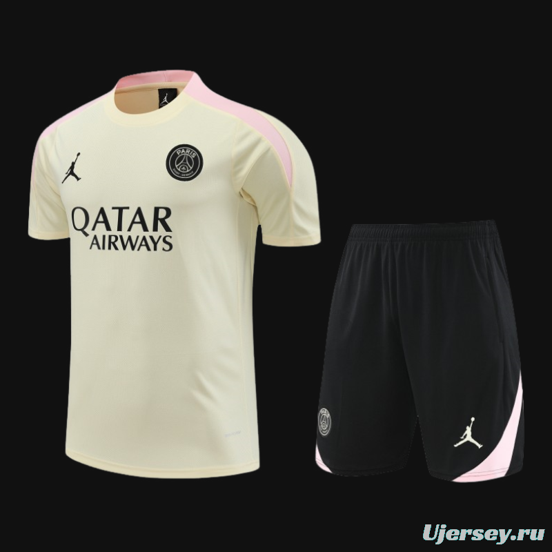 23/24 PSG Beige/Pink Cotton Short Sleeve Jersey+Shorts