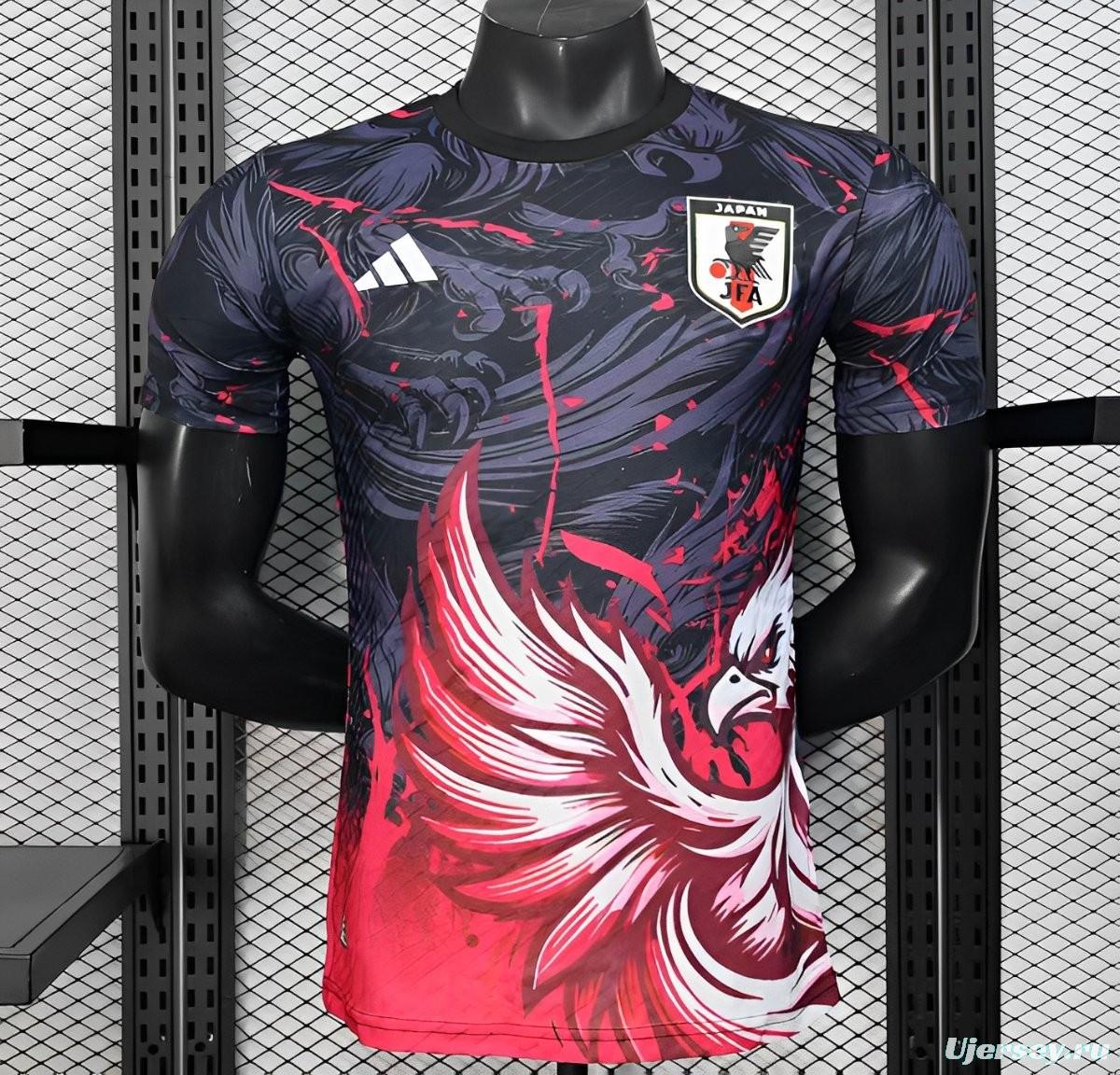 Player Version 2025 Japan Dark Navy with Rising Phoenix Design and Red Gradient Splash Pattern Jersey