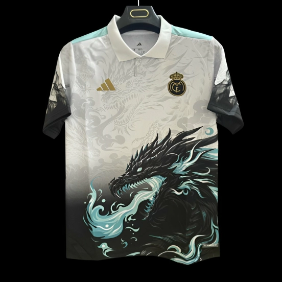 25/26 Real Madrid White with Black Dragon Fire Jersey