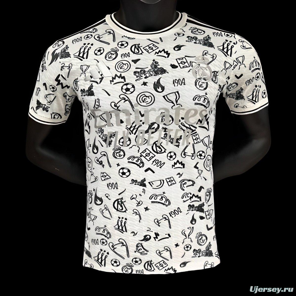 Player Version 25/26 Real Madrid White with Football Icons Pattern Jersey