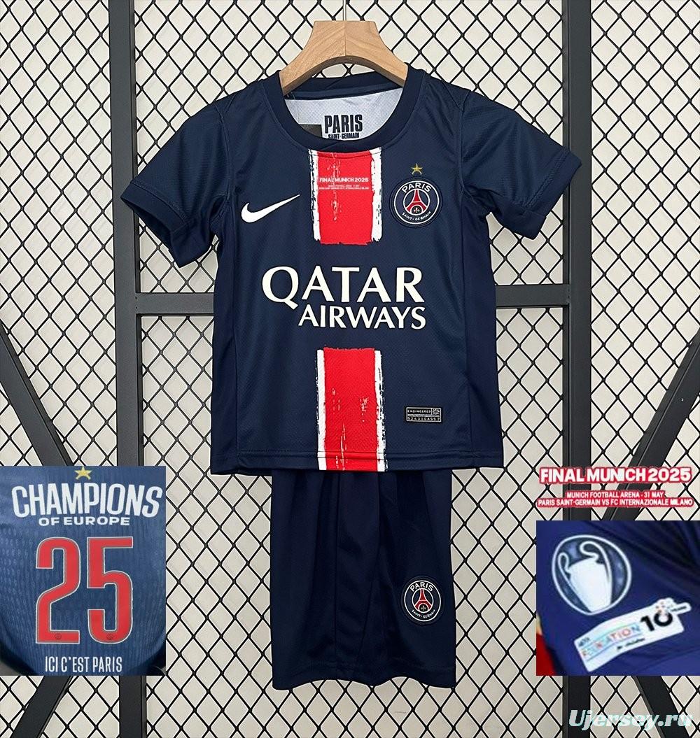 1 Star 24/25 Kids PSG Home Jersey With Final Match Champion Jersey