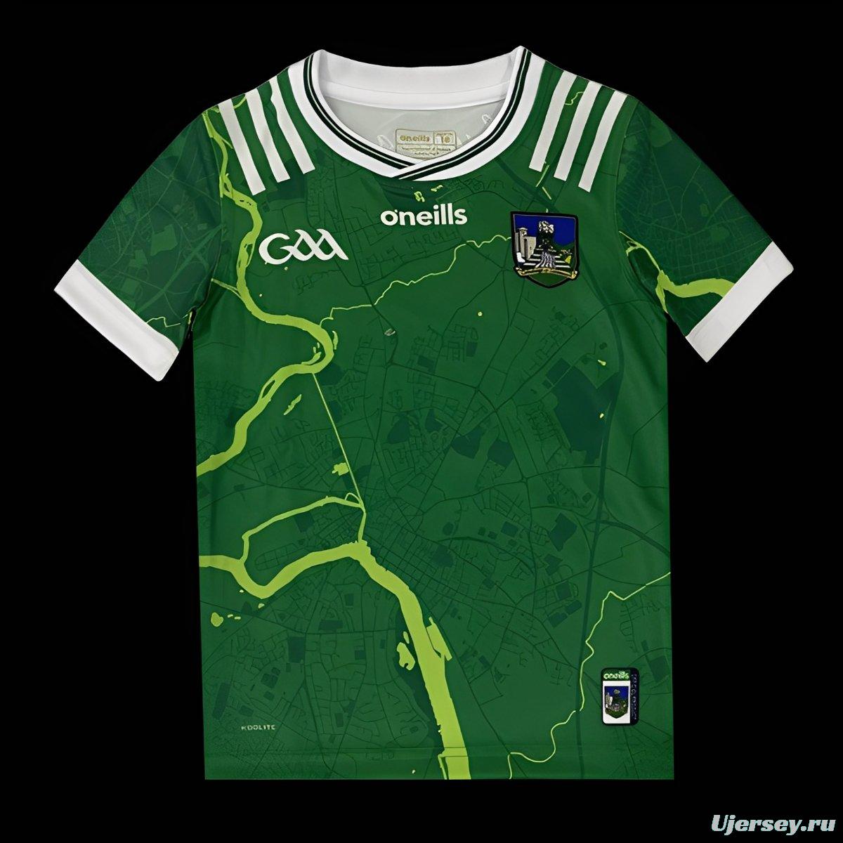 25/26 Kids Limerick GAA Green with River Map Pattern Home Jersey