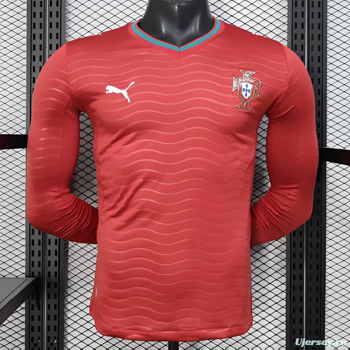 Player Version 2026 Portugal Home Long Sleeve Red with Horizontal Wave Pattern Jersey
